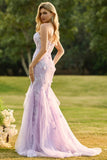 Purple Mermaid Strapless Corset Appliqued Long Prom Dress