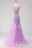 Purple Mermaid Strapless Corset Appliqued Long Prom Dress