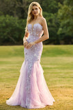 Purple Mermaid Strapless Corset Appliqued Long Prom Dress