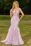 Purple Mermaid Strapless Corset Appliqued Long Prom Dress