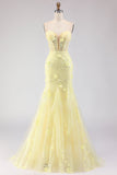 Purple Mermaid Strapless Corset Appliqued Long Prom Dress