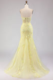 Strapless Yellow Mermaid Corset Lace Long Prom Dress with Sequins