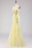 Strapless Yellow Mermaid Corset Lace Long Prom Dress with Sequins
