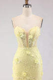 Strapless Yellow Mermaid Corset Lace Long Prom Dress with Sequins