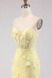 Strapless Yellow Mermaid Corset Lace Long Prom Dress with Sequins