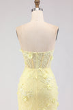 Strapless Yellow Mermaid Corset Lace Long Prom Dress with Sequins
