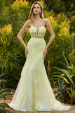 Purple Mermaid Strapless Corset Appliqued Long Prom Dress