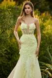 Purple Mermaid Strapless Corset Appliqued Long Prom Dress