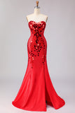 Strapless Royal Blue Mirror Beaded Mermaid Long Prom Dress with Slit
