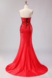 Strapless Red Mirror Beaded Mermaid Long Prom Dress with Slit