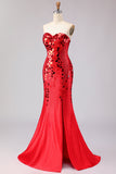 Strapless Red Mirror Beaded Mermaid Long Prom Dress with Slit