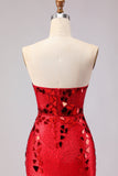 Strapless Red Mirror Beaded Mermaid Long Prom Dress with Slit