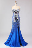 Strapless Royal Blue Mirror Beaded Mermaid Long Prom Dress with Slit