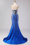 Strapless Royal Blue Mirror Beaded Mermaid Long Prom Dress with Slit