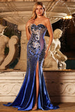 Strapless Royal Blue Mirror Beaded Mermaid Long Prom Dress with Slit