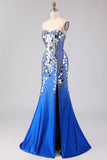 Strapless Red Mirror Beaded Mermaid Long Prom Dress with Slit