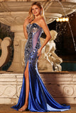 Strapless Royal Blue Mirror Beaded Mermaid Long Prom Dress with Slit