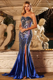 Strapless Royal Blue Mirror Beaded Mermaid Long Prom Dress with Slit