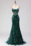 Dark Green Mermaid Corset Spaghetti Straps Sequin Long Prom Dress