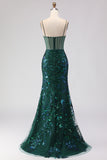 Dark Green Mermaid Corset Spaghetti Straps Sequin Long Prom Dress