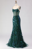 Dark Green Mermaid Corset Spaghetti Straps Sequin Long Prom Dress