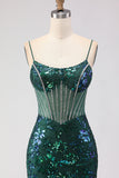 Dark Green Mermaid Corset Spaghetti Straps Sequin Long Prom Dress