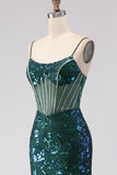 Dark Green Mermaid Corset Spaghetti Straps Sequin Long Prom Dress