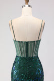 Dark Green Mermaid Corset Spaghetti Straps Sequin Long Prom Dress