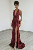 Burgundy Halter 3D Flower Sparkly Mermaid Prom Dress With Slit
