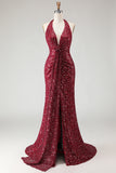 Sparkly Burgundy Halter 3D Flower Mermaid Prom Dress