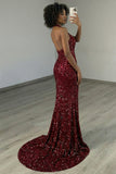 Burgundy Halter 3D Flower Sparkly Mermaid Prom Dress With Slit