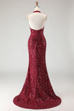 Sparkly Burgundy Halter 3D Flower Mermaid Prom Dress