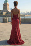 Burgundy Halter 3D Flower Sparkly Mermaid Prom Dress With Slit