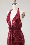 Sparkly Burgundy Halter 3D Flower Mermaid Prom Dress