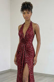 Burgundy Halter 3D Flower Sparkly Mermaid Prom Dress With Slit