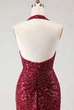 Sparkly Burgundy Halter 3D Flower Mermaid Prom Dress
