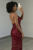 Burgundy Halter 3D Flower Sparkly Mermaid Prom Dress With Slit