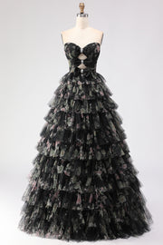 Strapless Black Tiered Ruffled A Line Floral Long Prom Dress with Bows