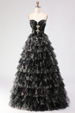 Strapless Black Tiered Ruffled A Line Floral Long Prom Dress with Bows