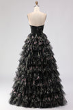 Strapless Black Tiered Ruffled A Line Floral Long Prom Dress with Bows