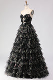 Strapless Black Tiered Ruffled A Line Floral Long Prom Dress with Bows