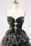 Strapless Black Tiered Ruffled A Line Floral Long Prom Dress with Bows