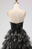 Strapless Black Tiered Ruffled A Line Floral Long Prom Dress with Bows