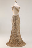 Sparkly Golden Sequin One Shoulder Mermaid Keyhole Long Prom Dress with Slit