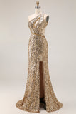 Sparkly Golden Sequin One Shoulder Mermaid Keyhole Long Prom Dress with Slit