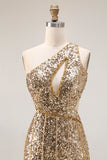 Sparkly Golden Sequin One Shoulder Mermaid Keyhole Long Prom Dress with Slit