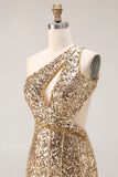 Sparkly Golden Sequin One Shoulder Mermaid Keyhole Long Prom Dress with Slit