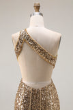 Sparkly Golden Sequin One Shoulder Mermaid Keyhole Long Prom Dress with Slit