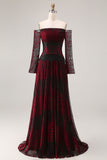 Off the Shoulder Black Red Printed A Line Long Prom Dress with Sleeves