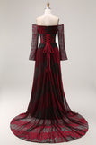 Off the Shoulder Black Red Printed A Line Long Prom Dress with Sleeves